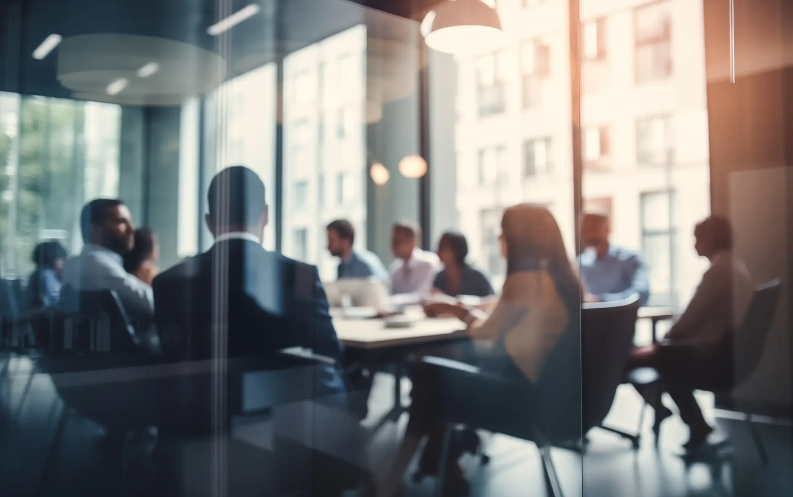 Business professionals meeting in a modern glass conference room, collaborating around a table in a bright corporate office.